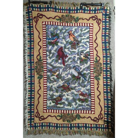 Vintage 80s 90s Goodwin Weavers Throw Blanket Tapestry 44" x 66" Winter Birds - Picture 1 of 11